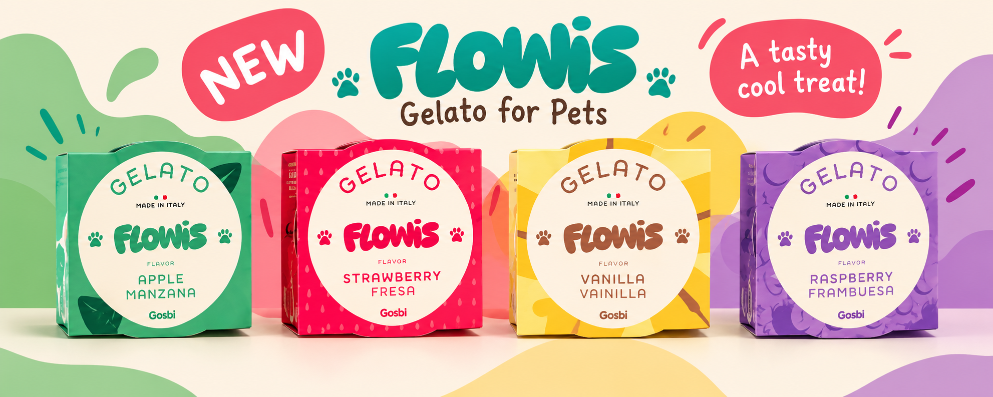Flowis Gelato for Pets – New frozen pet treats in Apple, Strawberry, Vanilla, and Raspberry flavors, available at Ash & Zoe Lebanon.